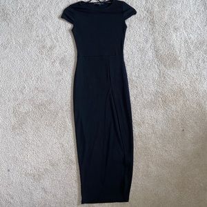 Ribbed Black Extreme Split Cap Sleeve Midi Dress
